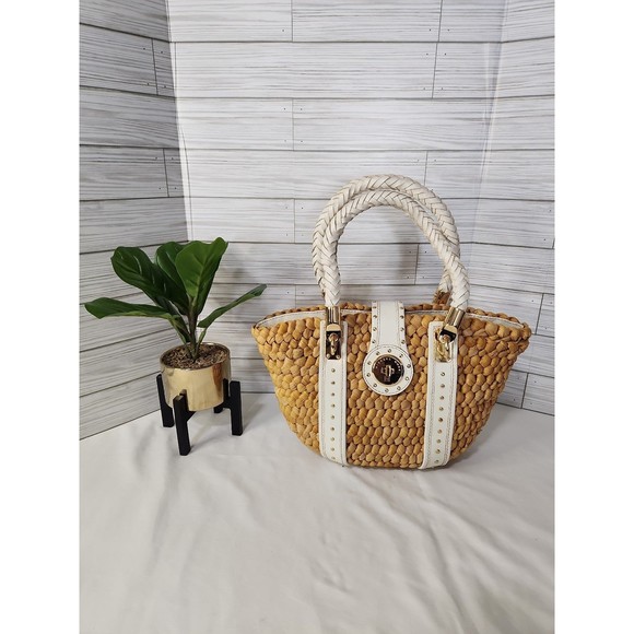 Michael Kors Handbags - Vintage Michael Kor Santorini Raffia White Leather Straw w/Gold Rivets Hand Bag